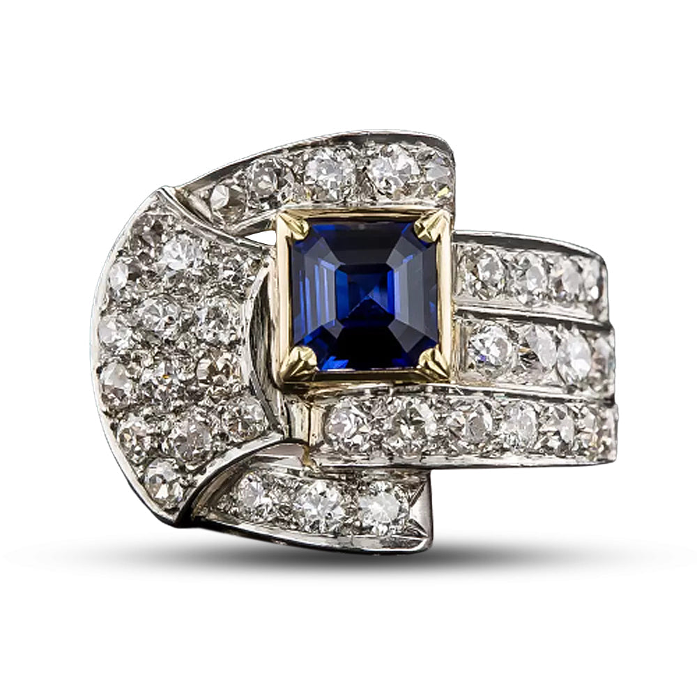 Art Deco/Retro Sapphire and Diamond Buckle Ring - 5