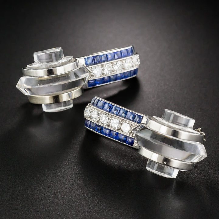 Art Deco Rock Crystal, Sapphire and Diamond Clip Brooches