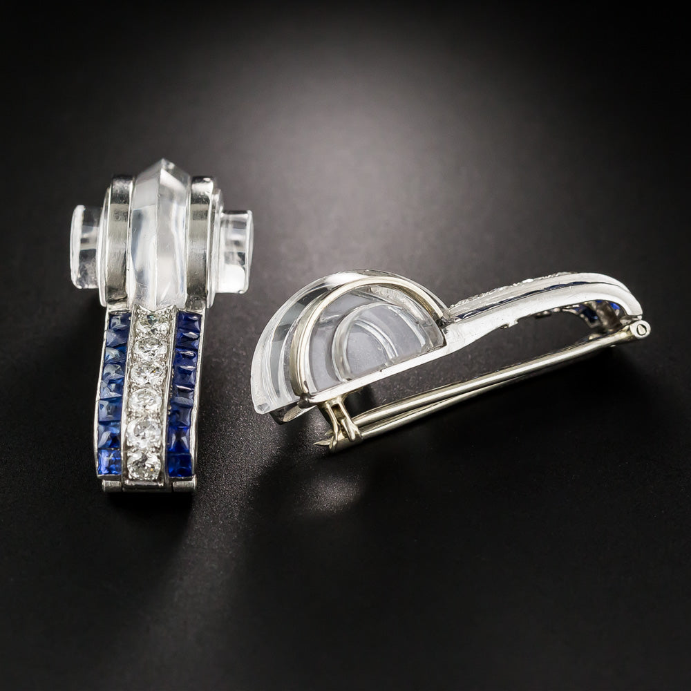 Art Deco Rock Crystal, Sapphire and Diamond Clip Brooches - 7