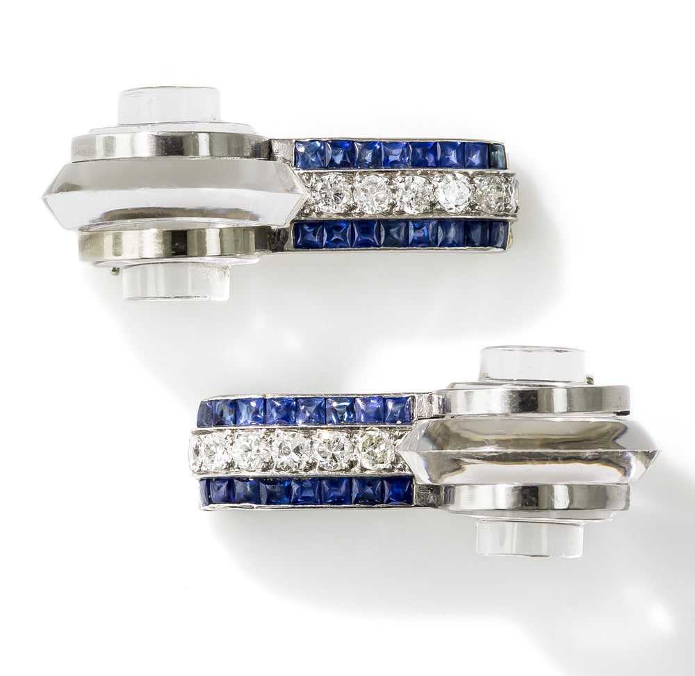 Art Deco Rock Crystal, Sapphire and Diamond Clip Brooches - 8