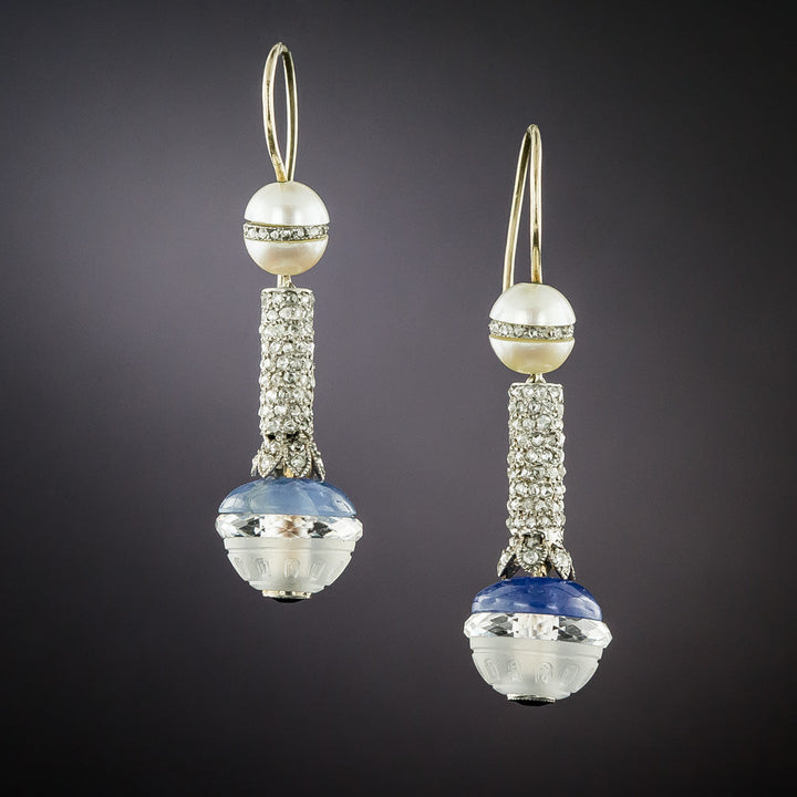 Art Deco Rock Crystal, Sapphire, Pearl and Diamond Earrings
