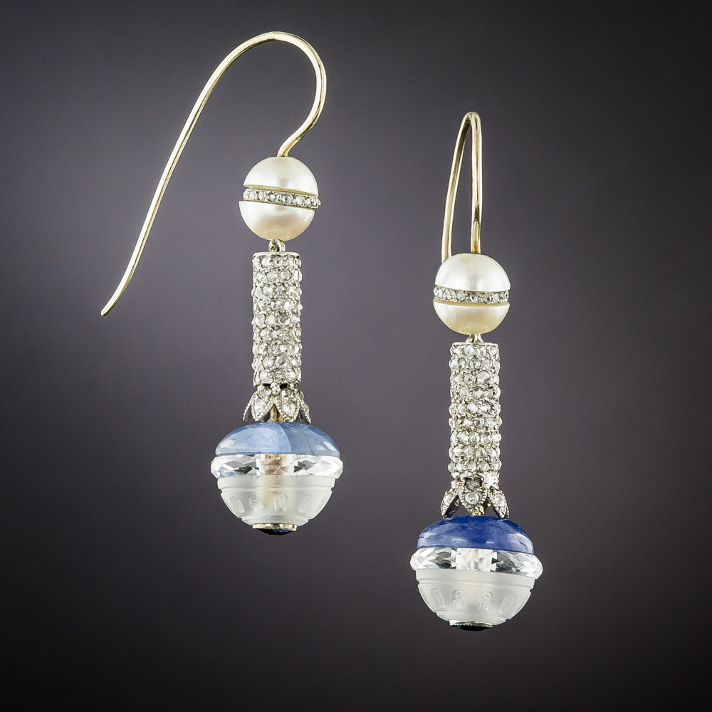 Art Deco Rock Crystal, Sapphire, Pearl and Diamond Earrings  - 3