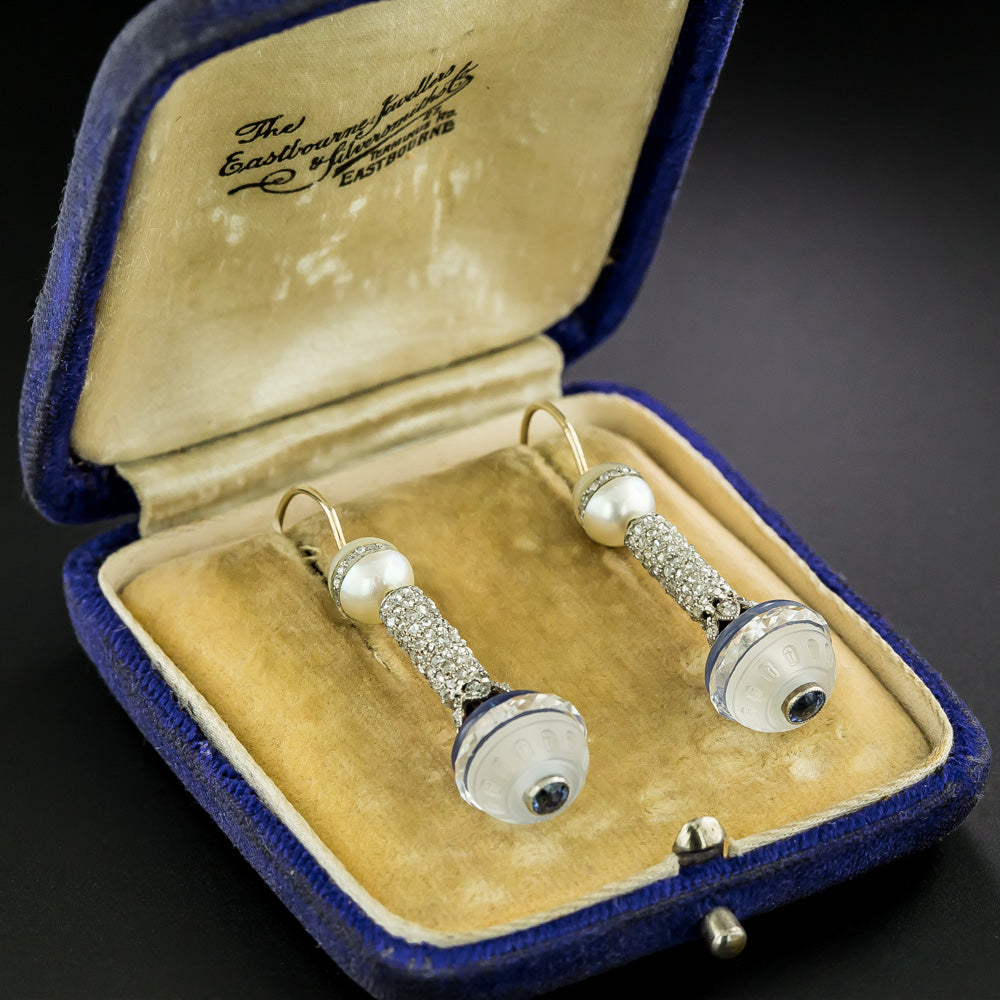 Art Deco Rock Crystal, Sapphire, Pearl and Diamond Earrings  - 4