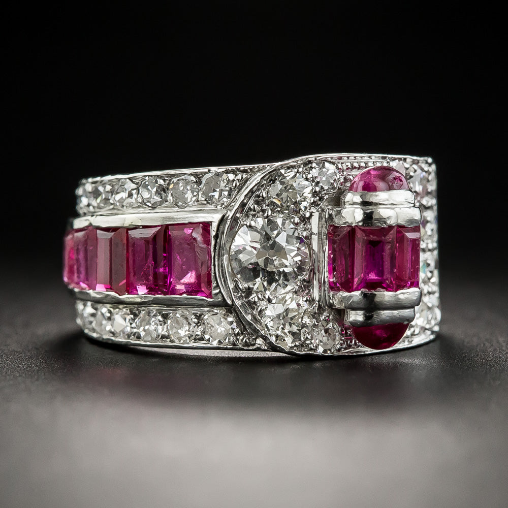 Art Deco Ruby and Diamond Band Ring, Size 4 1/2 - 1