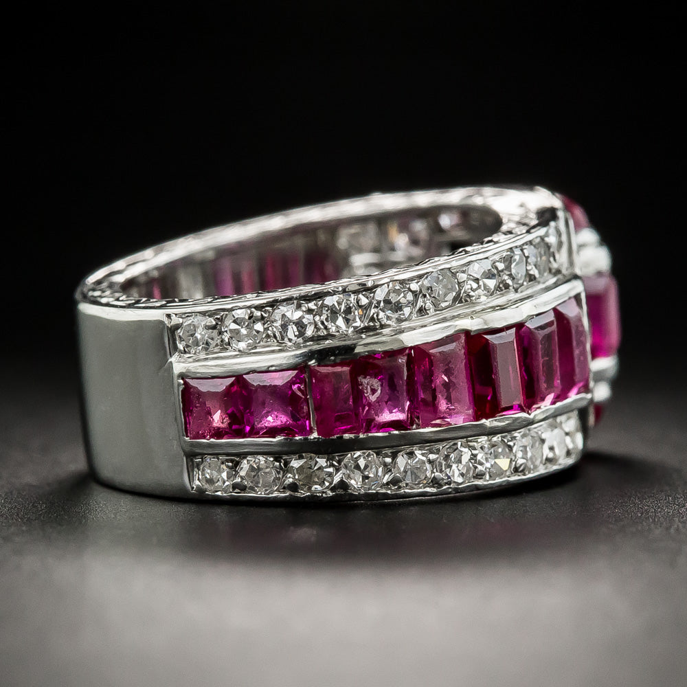 Art Deco Ruby and Diamond Band Ring, Size 4 1/2 - 3