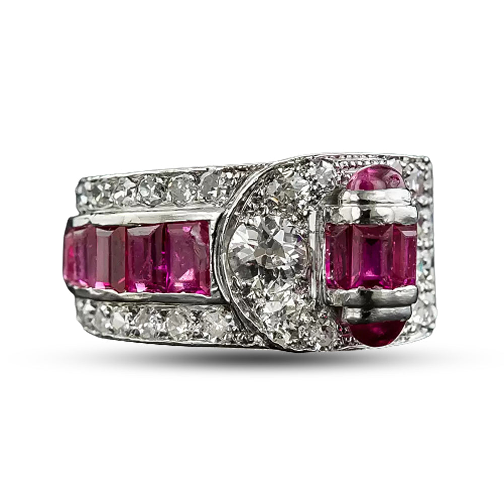 Art Deco Ruby and Diamond Band Ring, Size 4 1/2 - 7