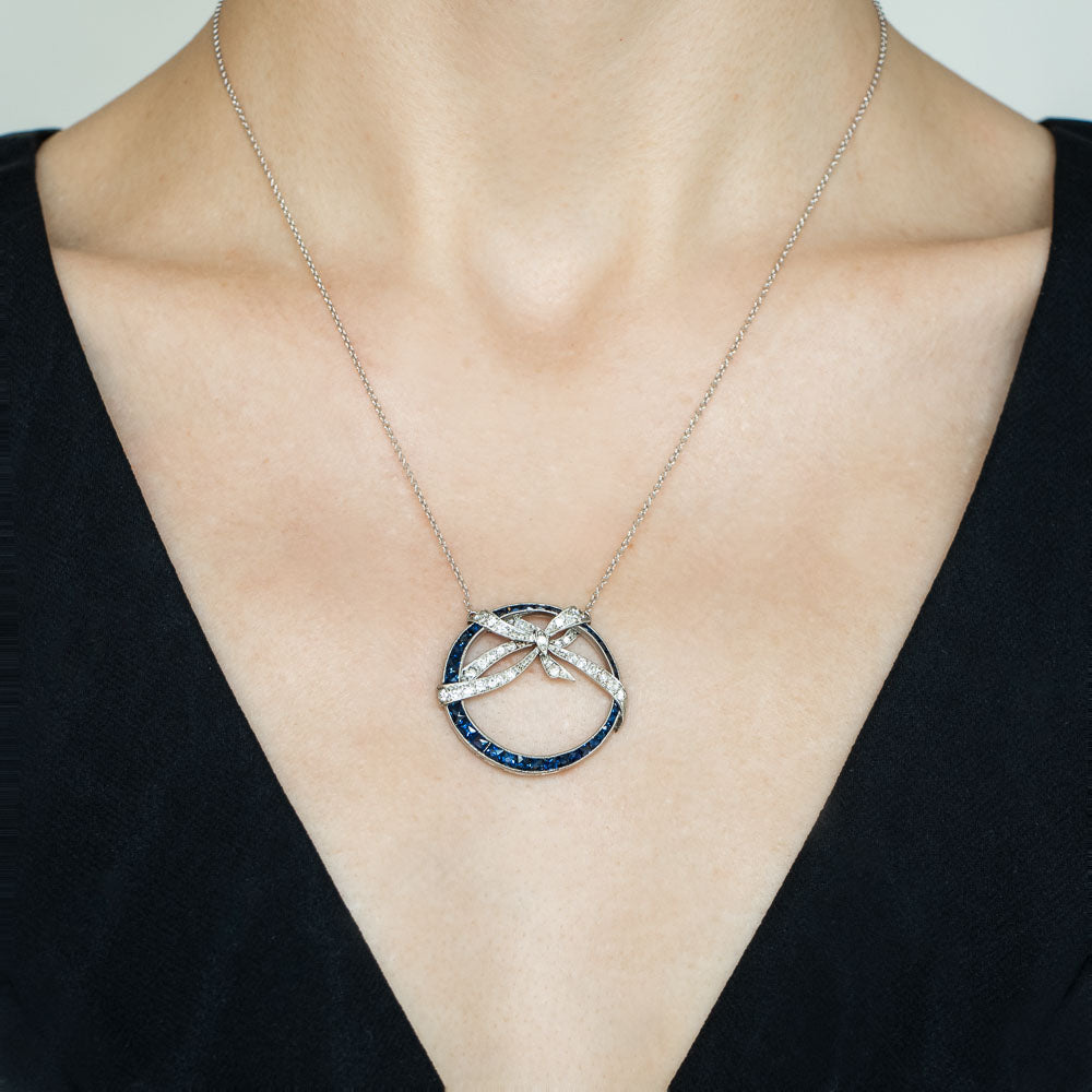 Art Deco Sapphire and Diamond Bow and Circle Pendant - 7