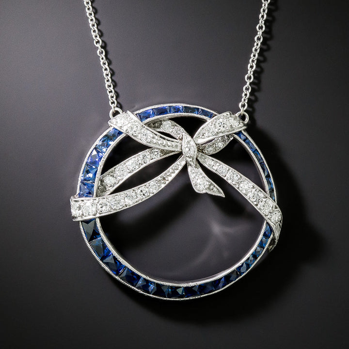 Art Deco Sapphire and Diamond Bow and Circle Pendant