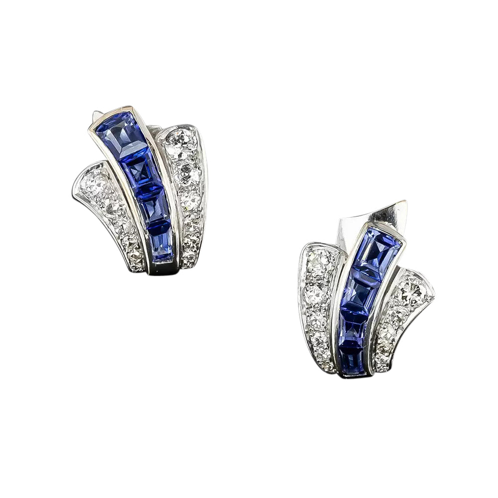 Art Deco Sapphire* and Diamond Swoop Earrings  - 3