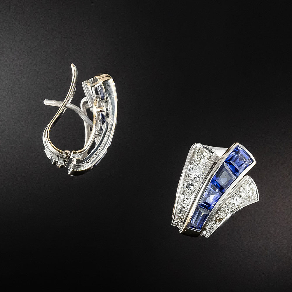 Art Deco Sapphire* and Diamond Swoop Earrings  - 3