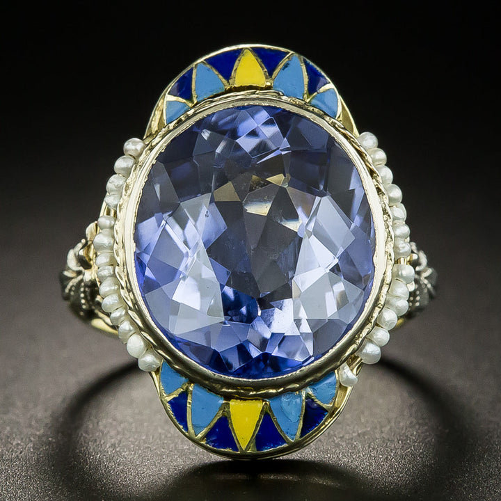 Art Deco Sapphire*, Seed Pearl and Enamel Ring by J.J. White