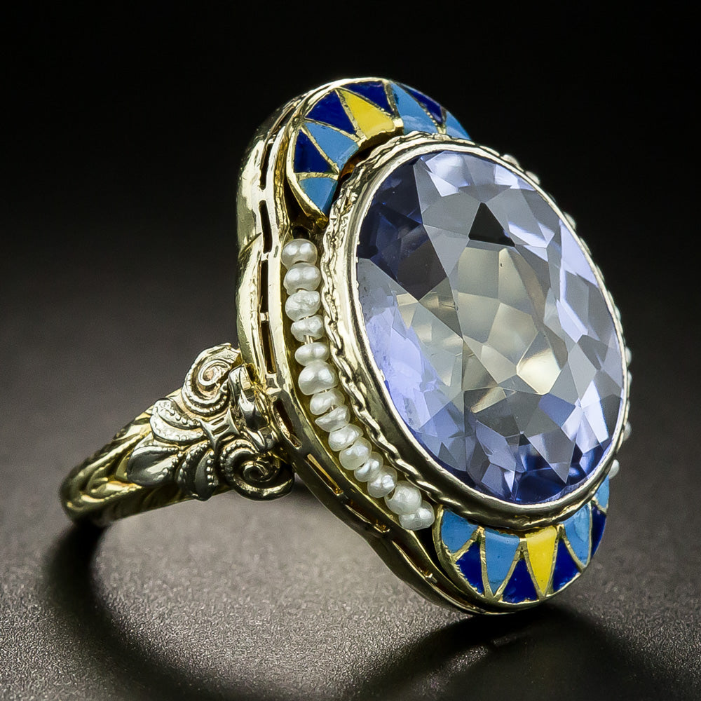 Art Deco Sapphire*, Seed Pearl and Enamel Ring by J.J. White - 3