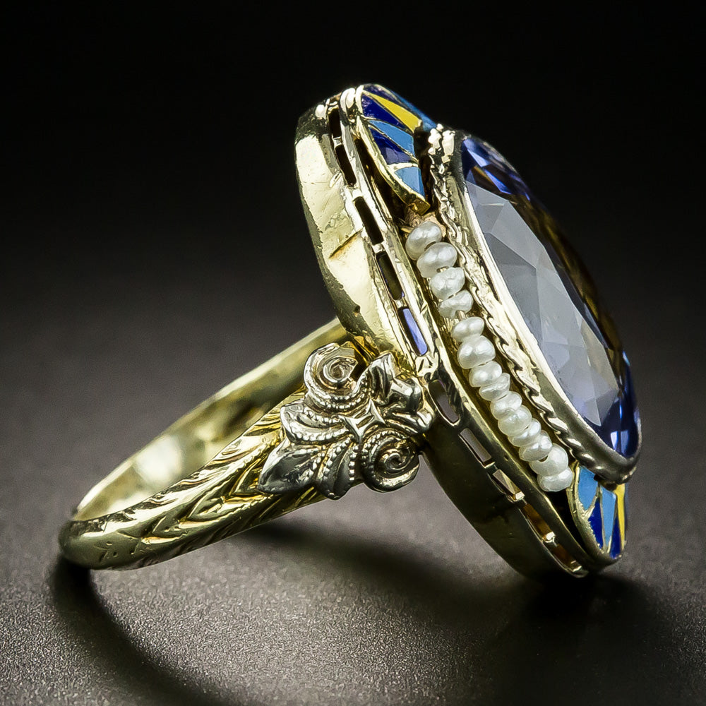 Art Deco Sapphire*, Seed Pearl and Enamel Ring by J.J. White - 4
