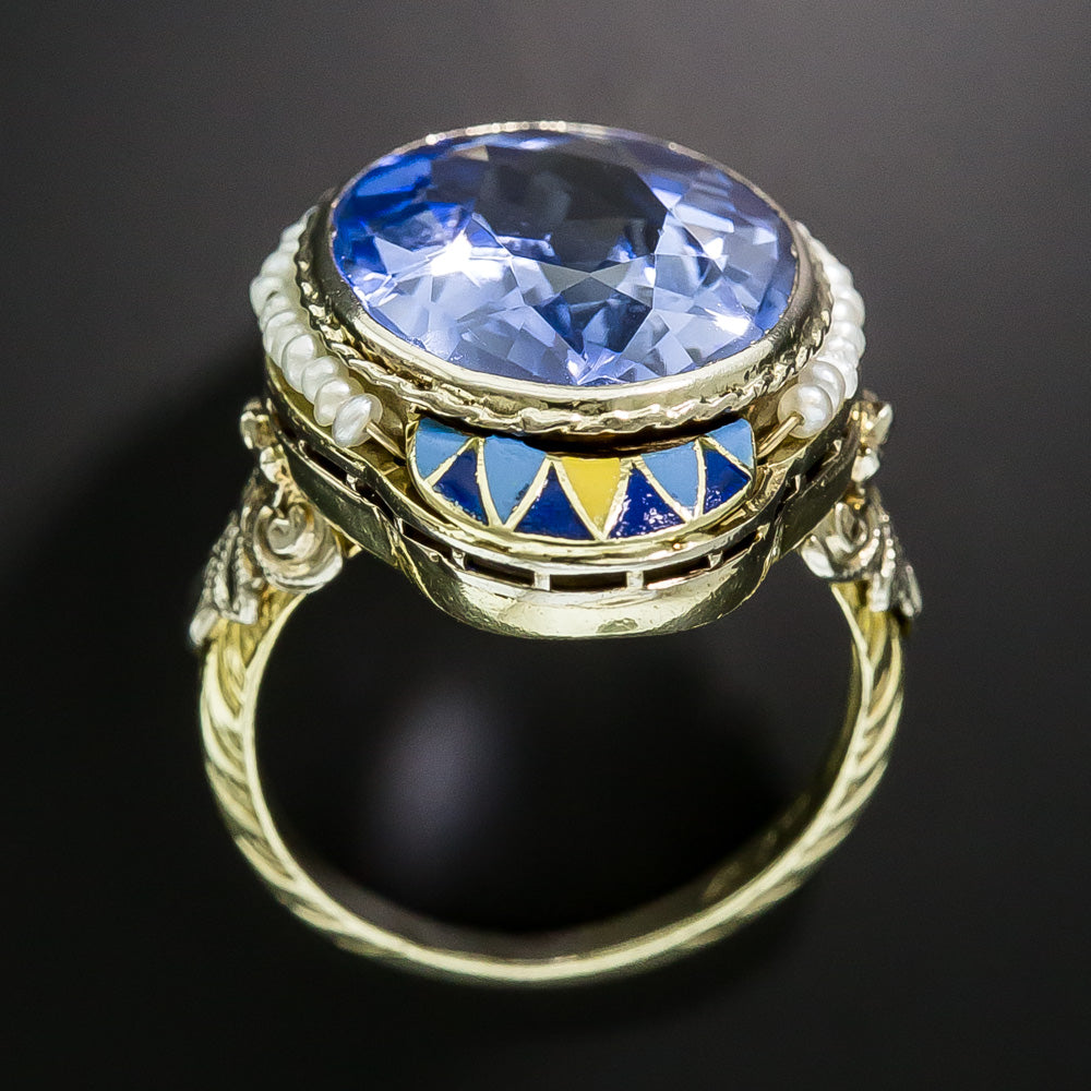 Art Deco Sapphire*, Seed Pearl and Enamel Ring by J.J. White - 5