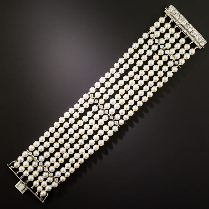 Art Deco Seven-Strand Pearl and Diamond Bracelet