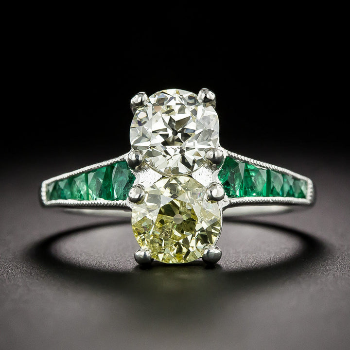 Art Deco-Style 1.09 Carat and 1.13 Carat Diamond and Calibre Emerald Ring - GIA