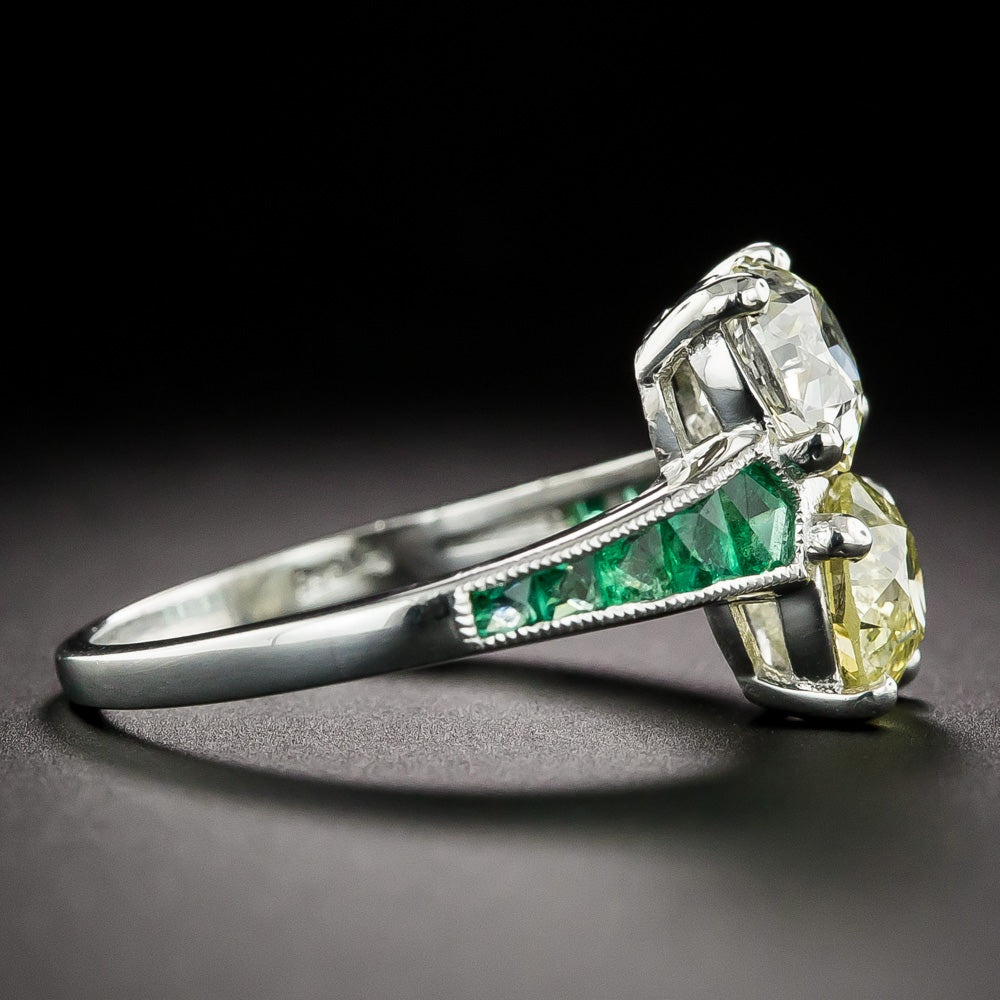 Art Deco-Style 1.09 Carat and 1.13 Carat Diamond and Calibre Emerald Ring - GIA - 5