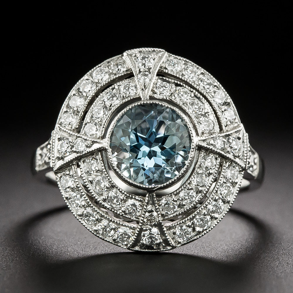 Art Deco-Style 1.11 Aquamarine and Diamond Double Halo Ring - 2
