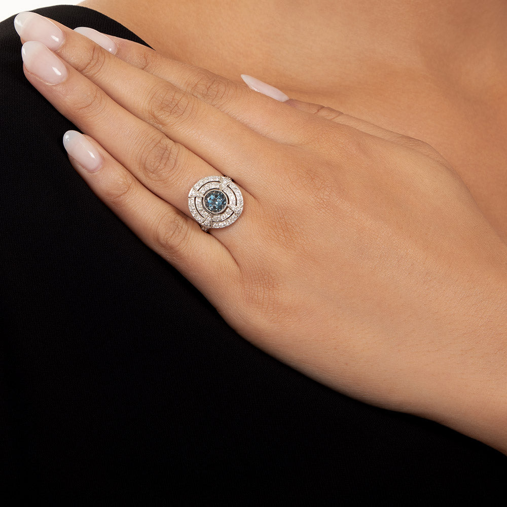 Art Deco-Style 1.11 Aquamarine and Diamond Double Halo Ring - 5