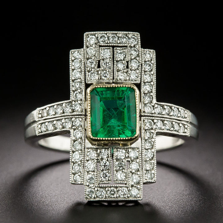 Art Deco-Style 1.16 Carat Emerald and Diamond Ring - GIA