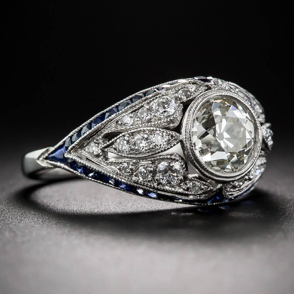 Art Deco-Style 1.46 Carat Diamond and Sapphire Ring, Size 6 3/4+ - 2