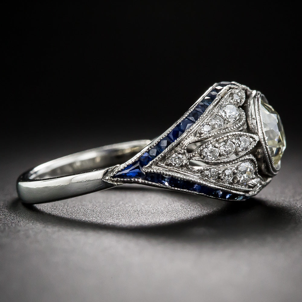 Art Deco-Style 1.46 Carat Diamond and Sapphire Ring, Size 6 3/4+ - 3