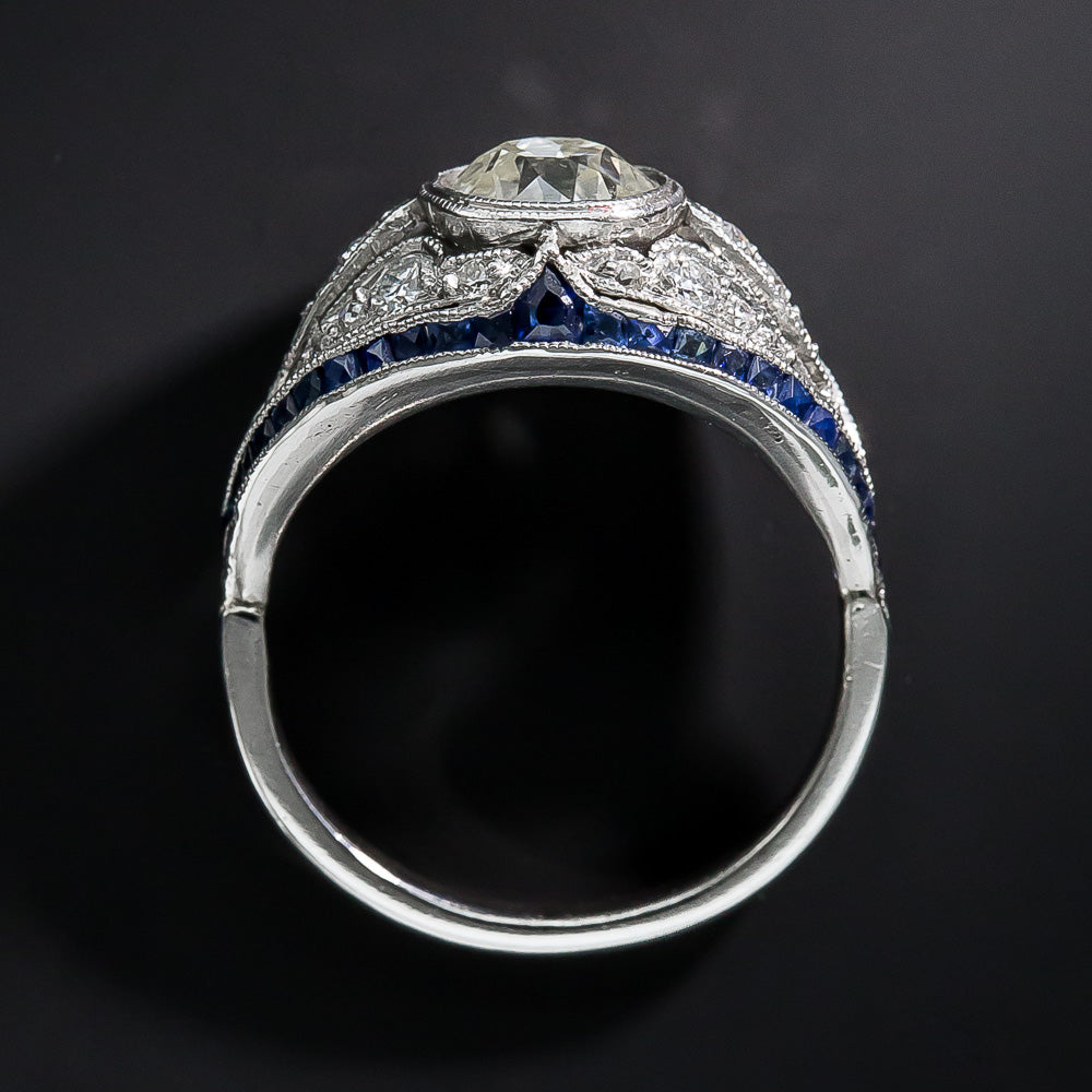 Art Deco-Style 1.46 Carat Diamond and Sapphire Ring, Size 6 3/4+ - 4