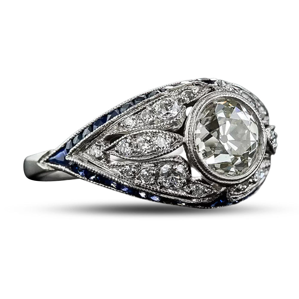 Art Deco-Style 1.46 Carat Diamond and Sapphire Ring, Size 6 3/4+ - 5
