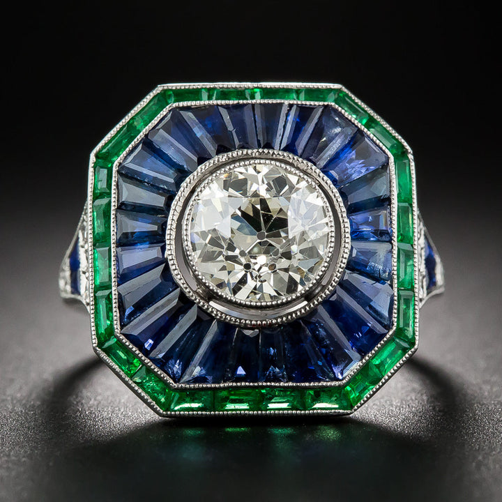 Art Deco-Style 1.85 Carat European-Cut Diamond, Sapphire and Emerald Ring