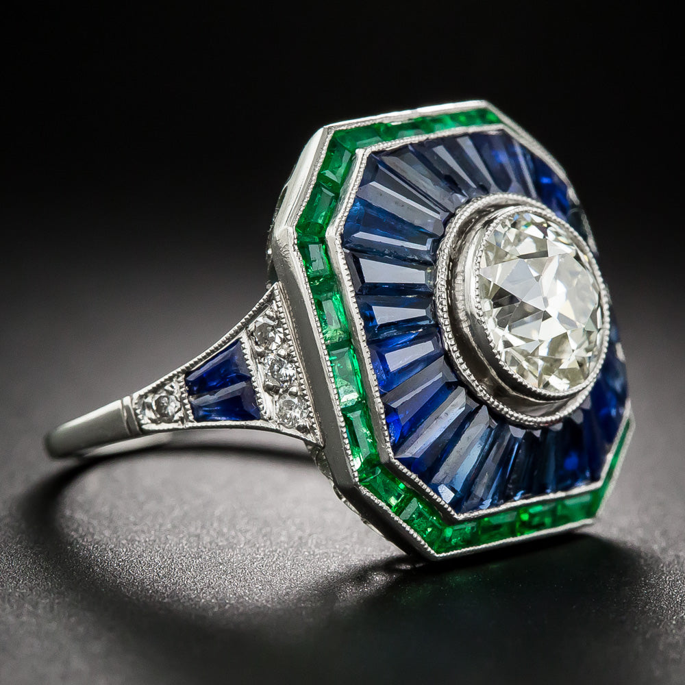 Art Deco-Style 1.85 Carat European-Cut Diamond, Sapphire and Emerald Ring   - 10