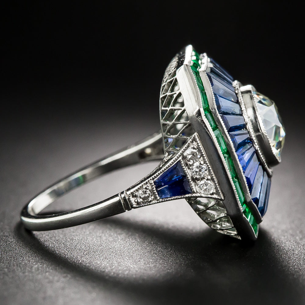 Art Deco-Style 1.85 Carat European-Cut Diamond, Sapphire and Emerald Ring   - 11
