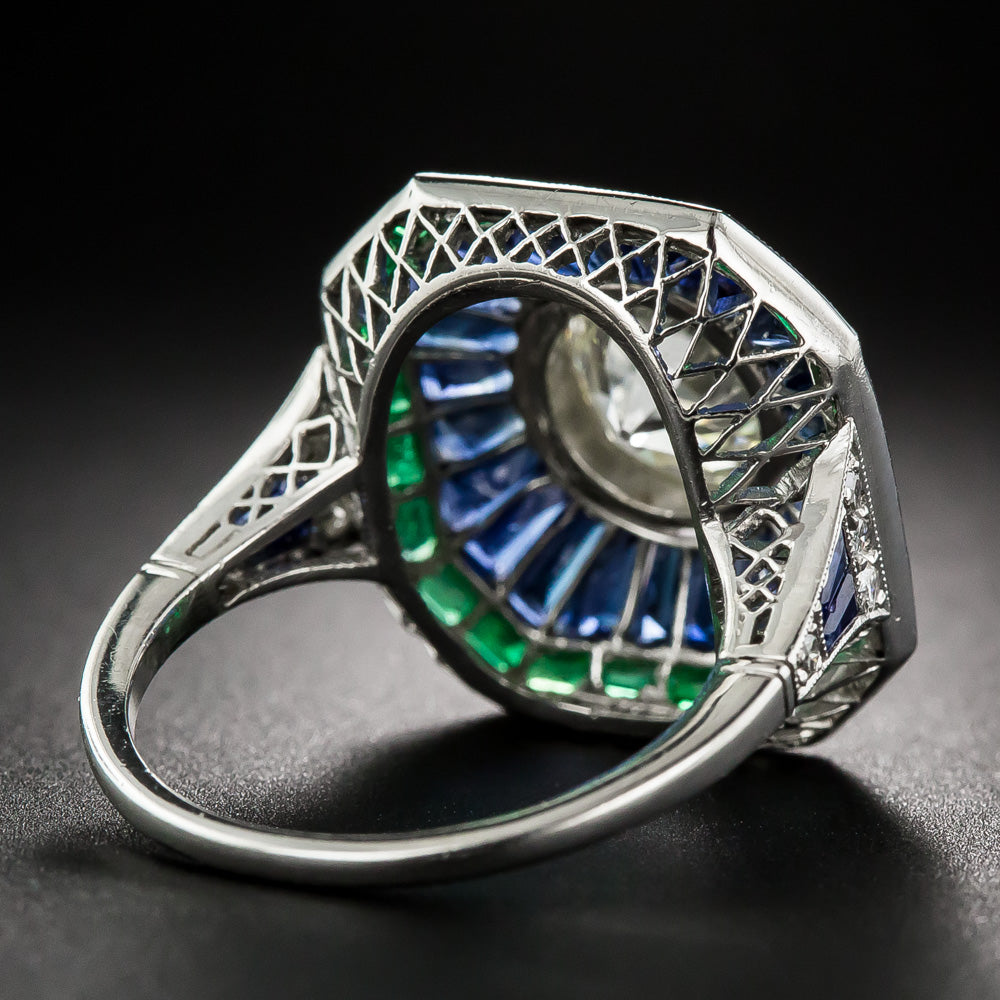 Art Deco-Style 1.85 Carat European-Cut Diamond, Sapphire and Emerald Ring   - 12