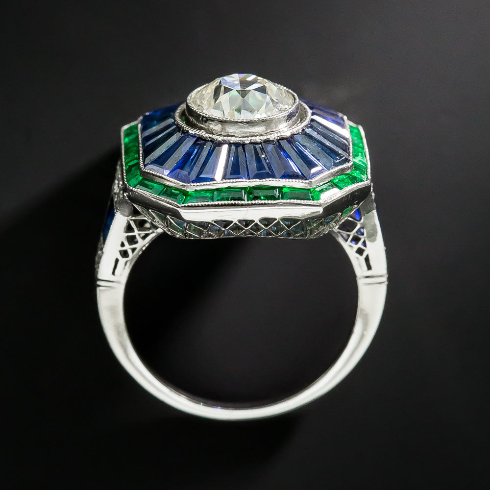 Art Deco-Style 1.85 Carat European-Cut Diamond, Sapphire and Emerald Ring   - 13
