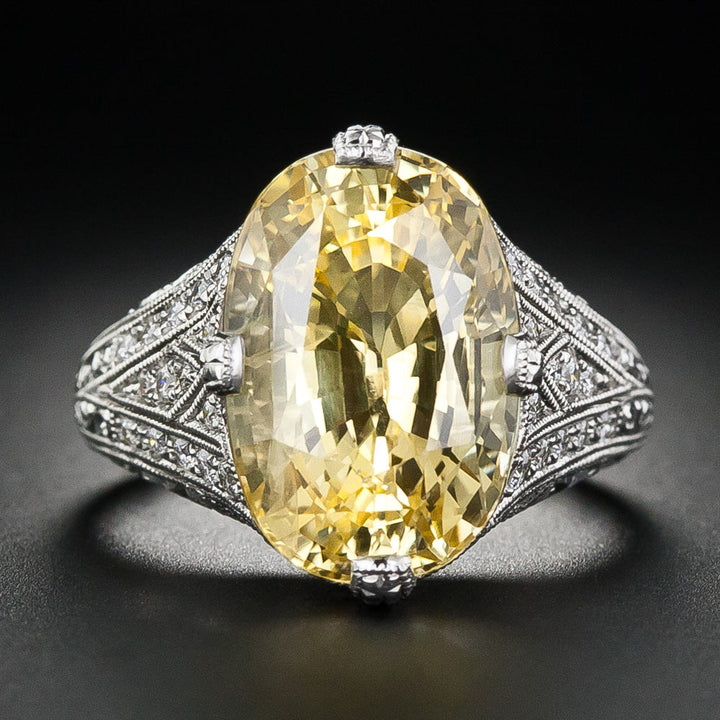 Art Deco-Style 11.15 Carat No-Heat Yellow Sapphire and Diamond Ring
