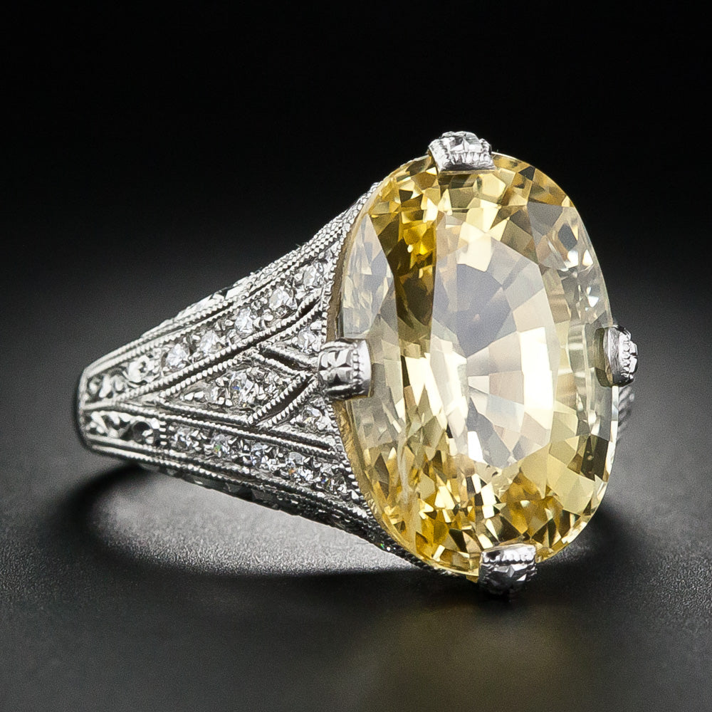Art Deco-Style 11.15 Carat No-Heat Yellow Sapphire and Diamond Ring - 8