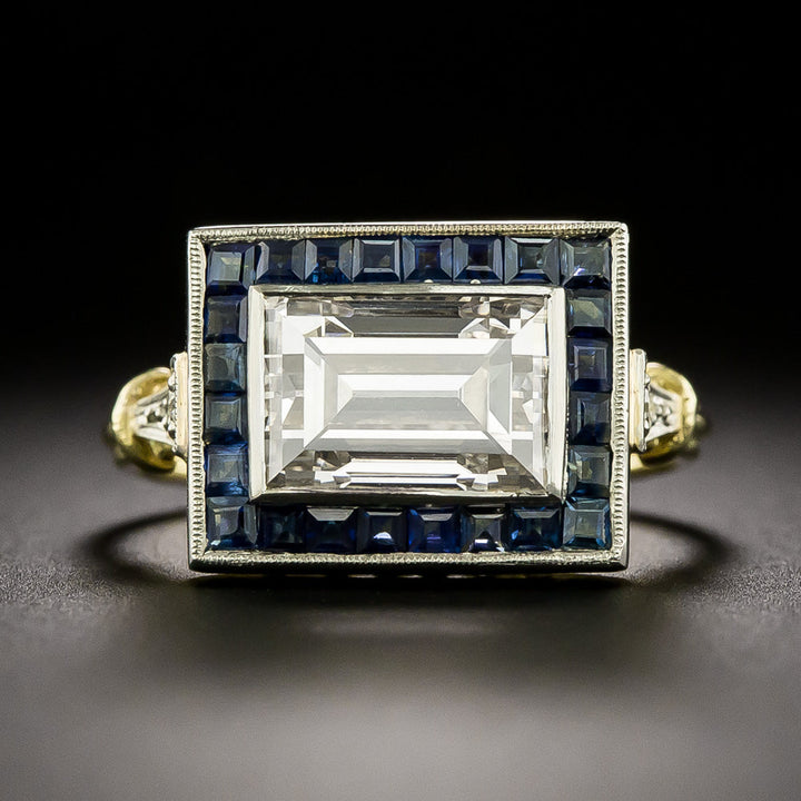 Art Deco Style  2.66 Carat Emerald-Cut Diamond And Sapphire Ring - GIA