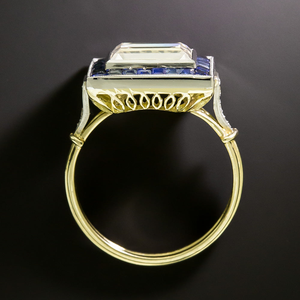 Art Deco Style  2.66 Carat Emerald-Cut Diamond And Sapphire Ring - GIA - 4
