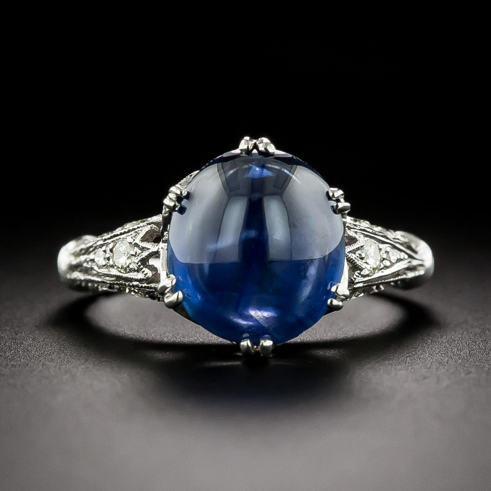 Art Deco-Style 3.77 Carat Cabochon Sapphire and Diamond 18K Ring - GIA - 3