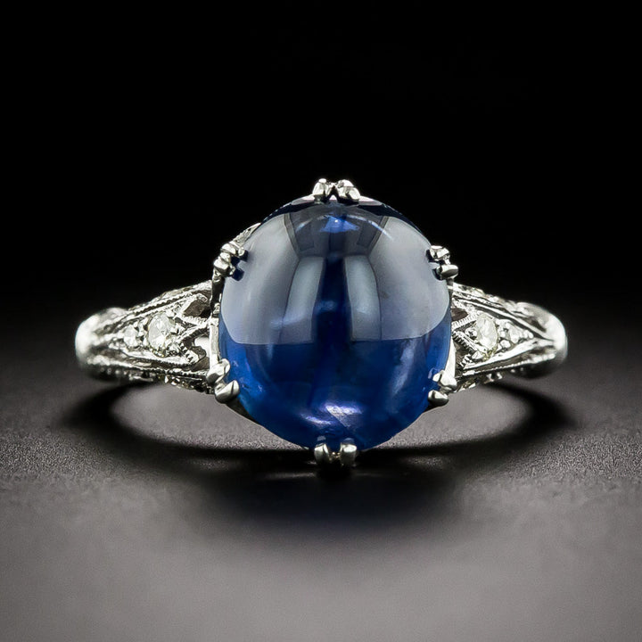 Art Deco-Style 3.77 Carat Cabochon Sapphire and Diamond 18K Ring - GIA