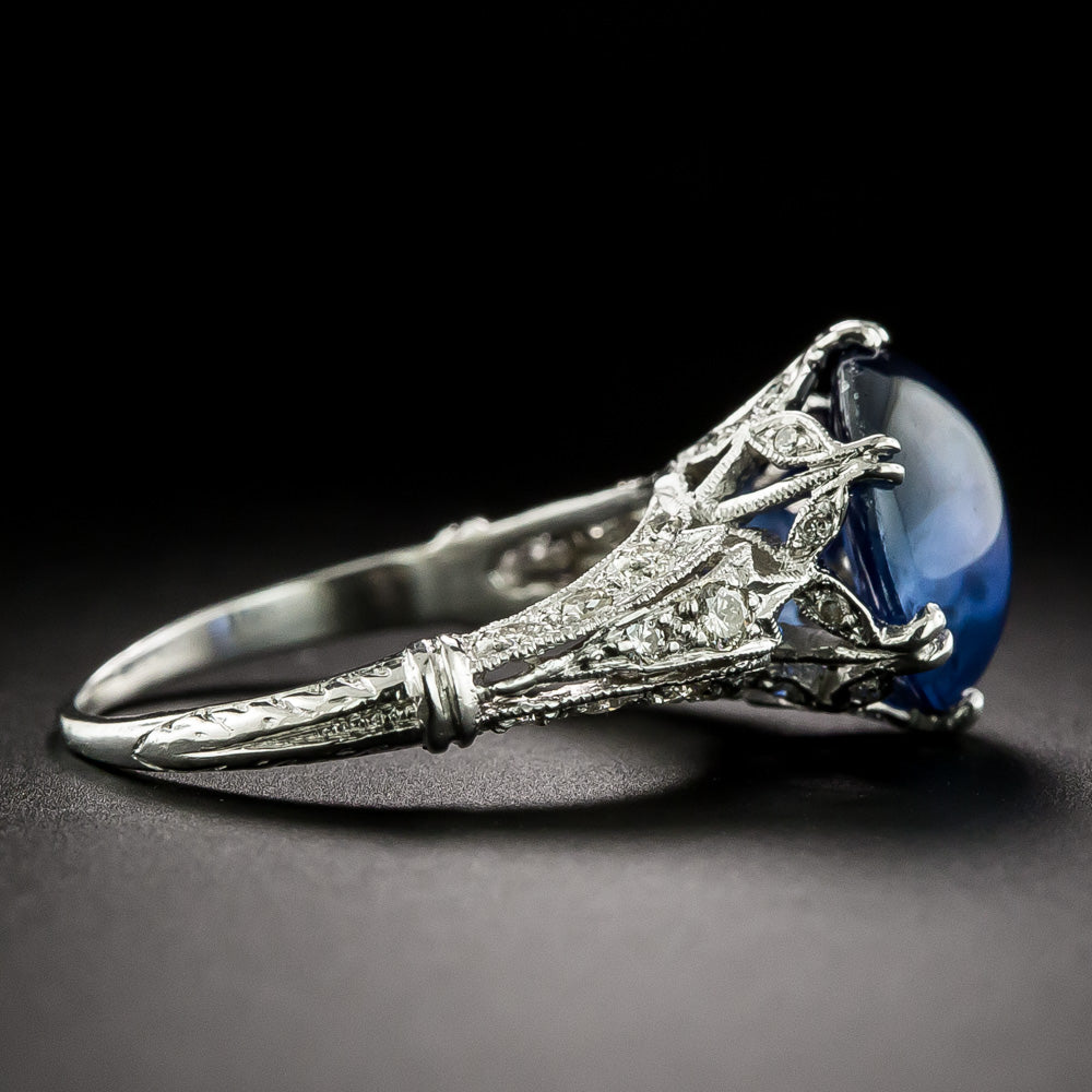 Art Deco-Style 3.77 Carat Cabochon Sapphire and Diamond 18K Ring - GIA - 4
