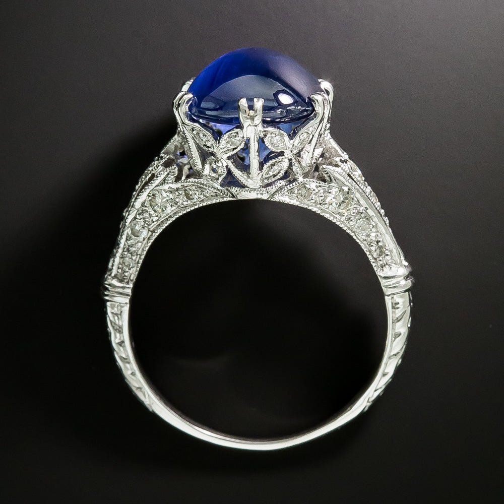 Art Deco-Style 3.77 Carat Cabochon Sapphire and Diamond 18K Ring - GIA - 5