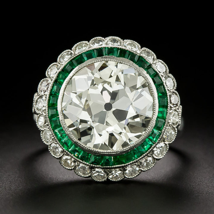 Art Deco-Style 5.56 Carat Diamond and Calibre Emerald Ring