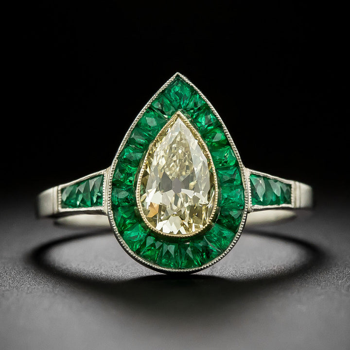 Art Deco Style .90 Carat Pear-Shaped Diamond with Emerald Halo Ring