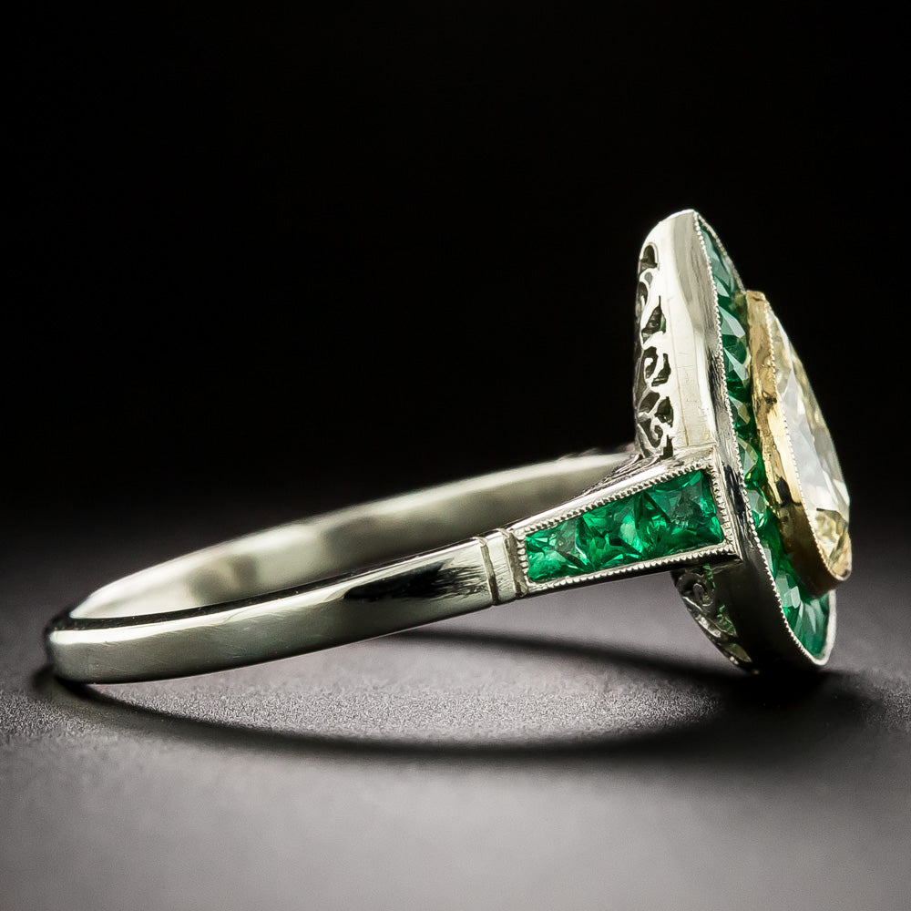 Art Deco Style .90 Carat Pear-Shaped Diamond with Emerald Halo Ring - 4