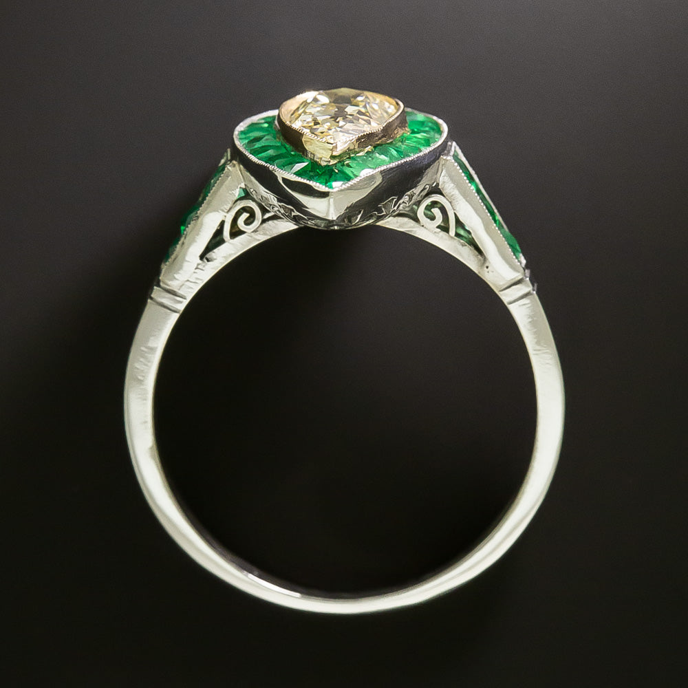 Art Deco Style .90 Carat Pear-Shaped Diamond with Emerald Halo Ring - 5