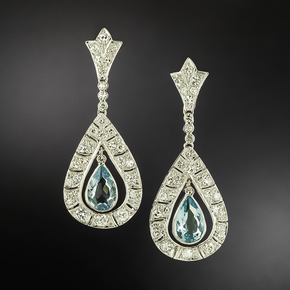 Art Deco-Style Aquamarine and Diamond Drop Earrings - 2
