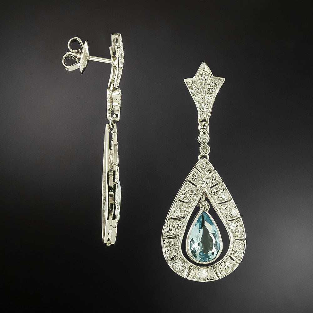 Art Deco-Style Aquamarine and Diamond Drop Earrings - 3