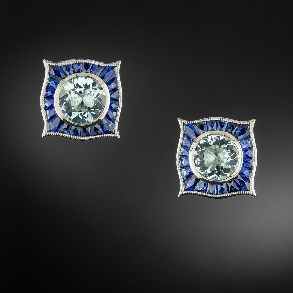 Art Deco-Style Aquamarine and Sapphire Stud Earrings - 3