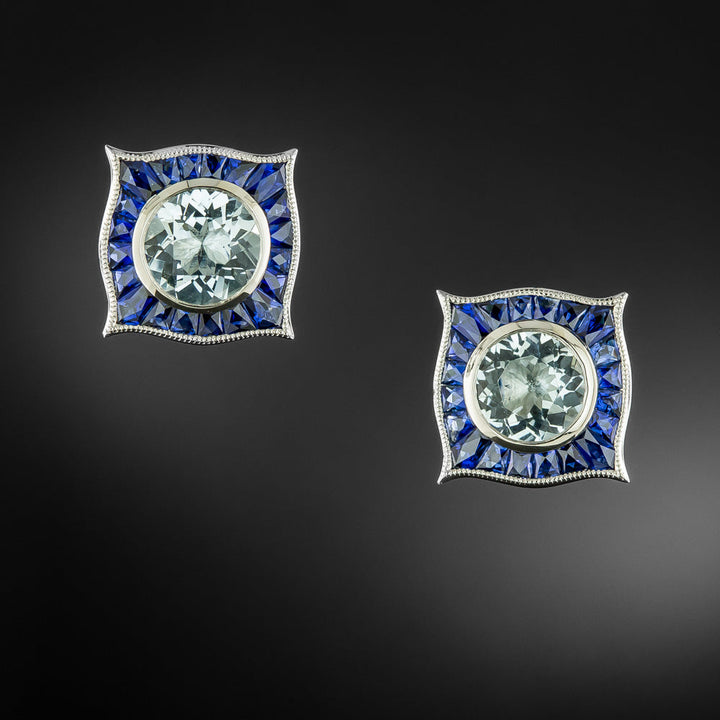 Art Deco-Style Aquamarine and Sapphire Stud Earrings