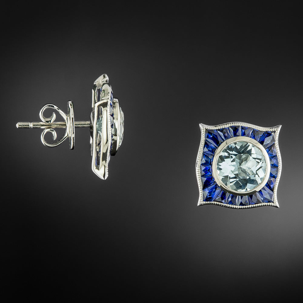 Art Deco-Style Aquamarine and Sapphire Stud Earrings - 4